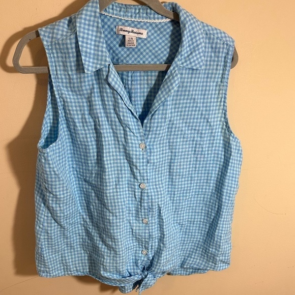 Tommy Bahama Tops - Tommy Bahama gingham check 100% linen tie tront top size L or M